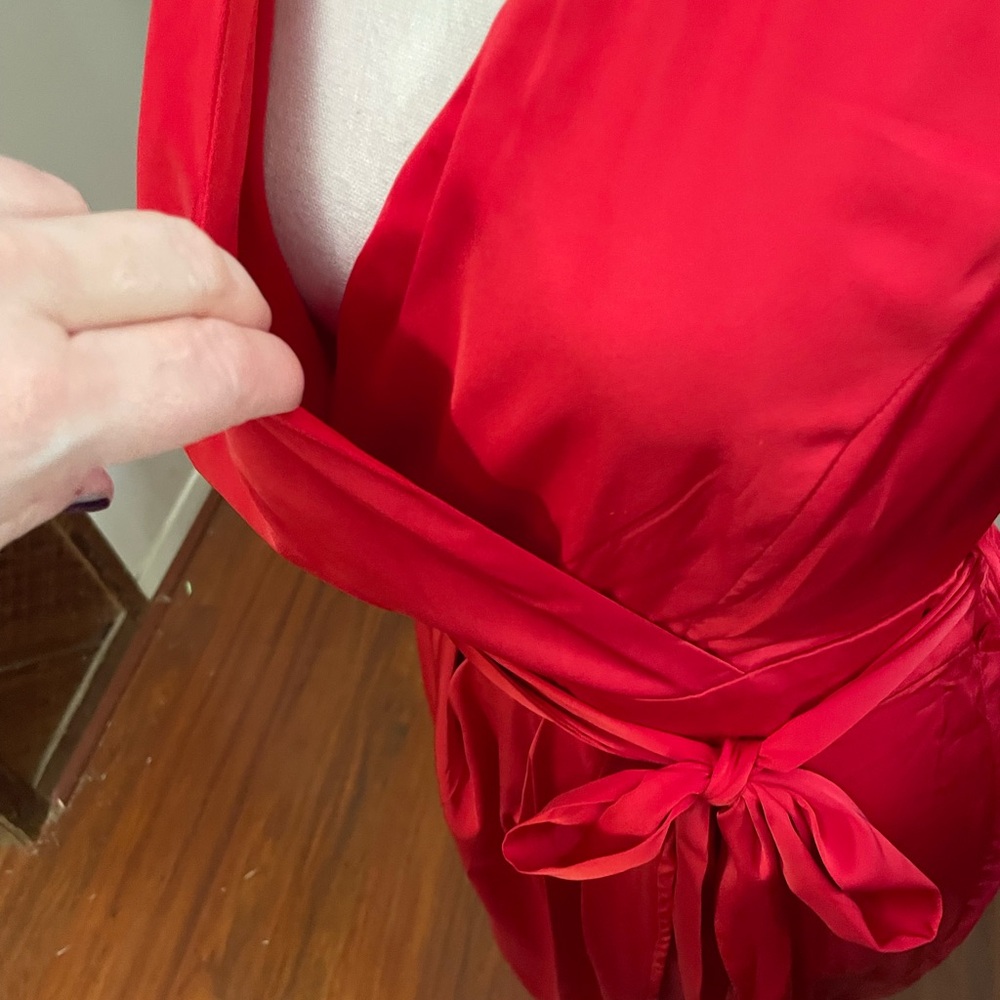 Zesica Red Satin faux wrap Dress LARGE short sleeve stretch V Neck belt zipper - Picture 9 of 16